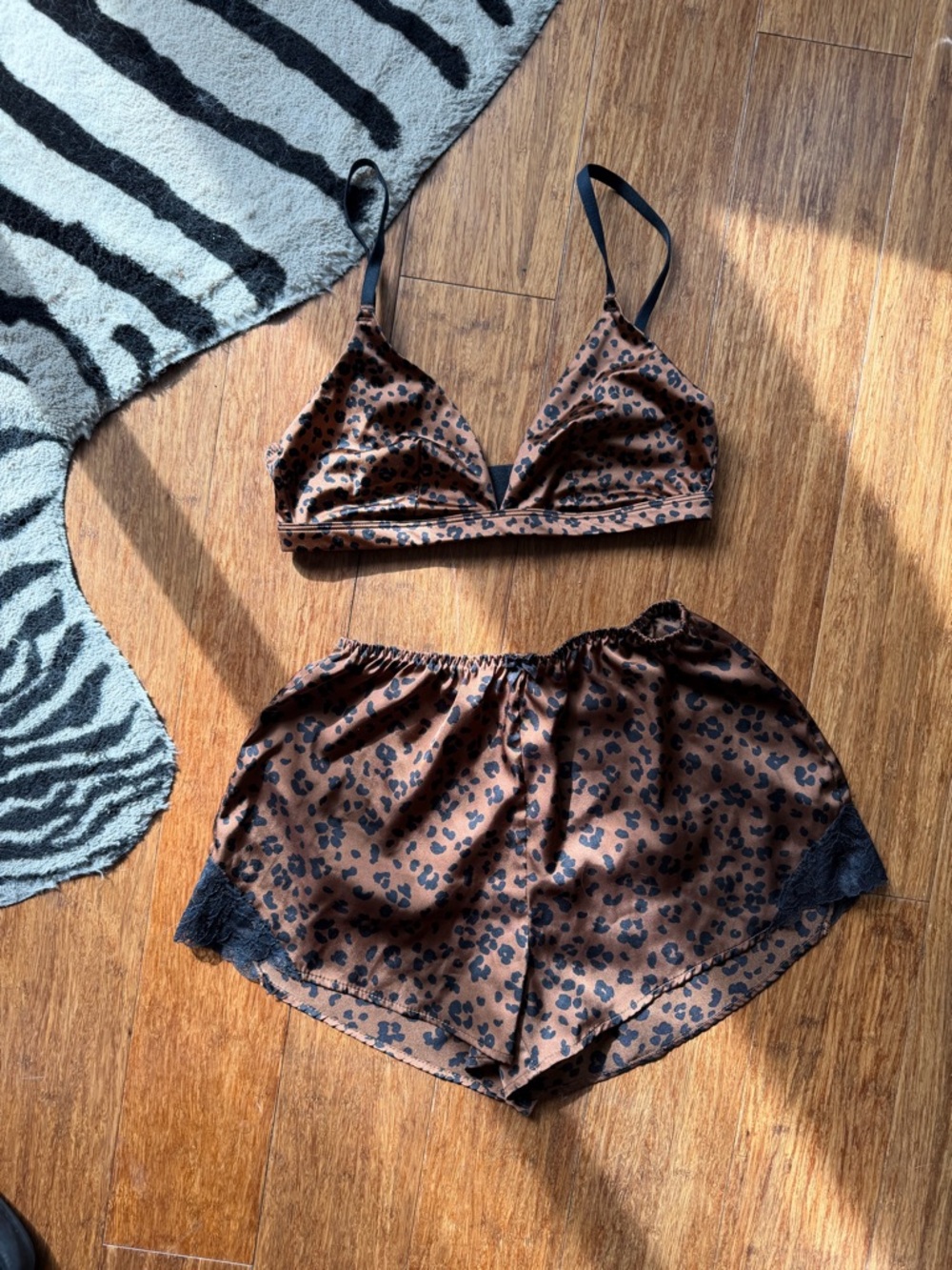 Auden sexy animal lingerie Satin Leopard Print Bralette & Shorts Set - Brown
